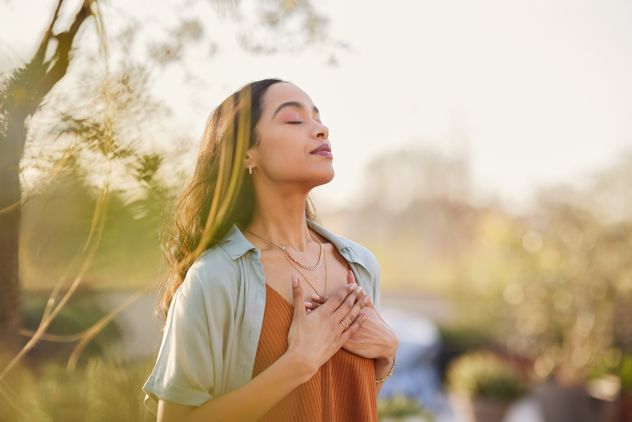 Mindfulness woman enjoying morning ritual and relaxing technique.